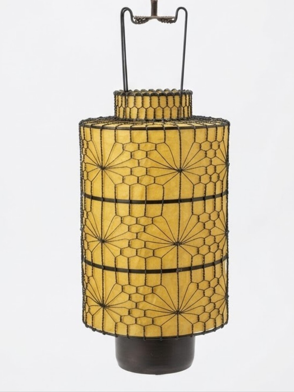 Vintage Chinese Hanging Lantern - Woven Yellow Fabric & Black Wire Frame - 11 In